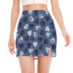 Heart Denim Jeans Pattern Print Side Slit Mini Skirt