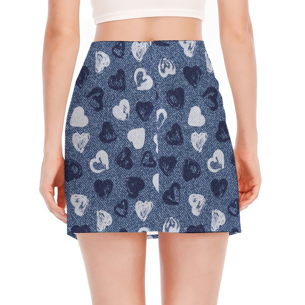 Heart Denim Jeans Pattern Print Side Slit Mini Skirt