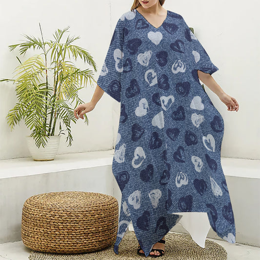 Heart Denim Jeans Pattern Print Silk V-Neck Kaftan Dress