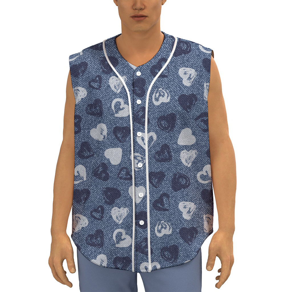 Heart Denim Jeans Pattern Print Sleeveless Baseball Jersey