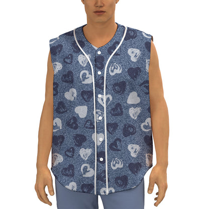 Heart Denim Jeans Pattern Print Sleeveless Baseball Jersey