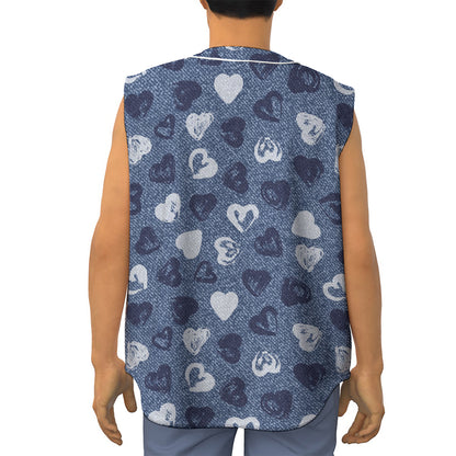 Heart Denim Jeans Pattern Print Sleeveless Baseball Jersey