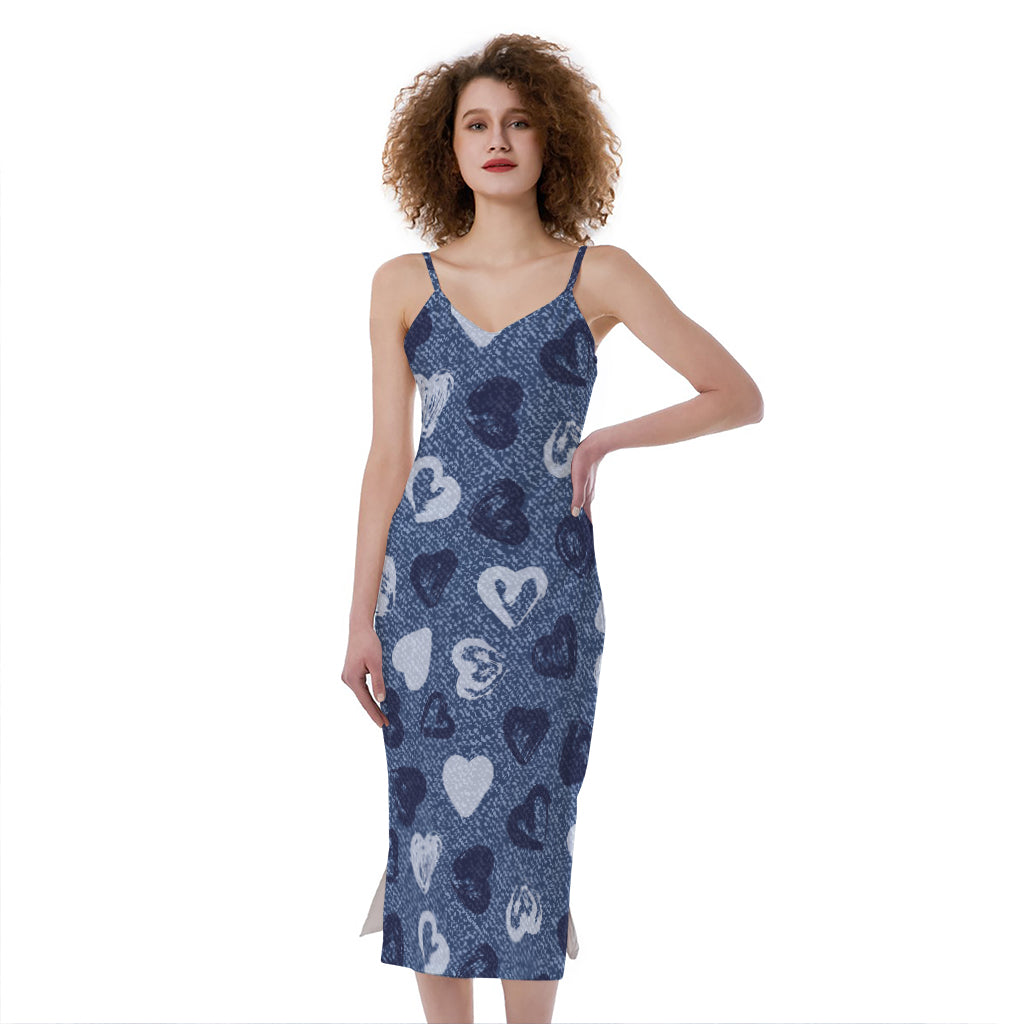 Heart Denim Jeans Pattern Print Slim Fit Midi Cami Dress