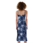 Heart Denim Jeans Pattern Print Slim Fit Midi Cami Dress