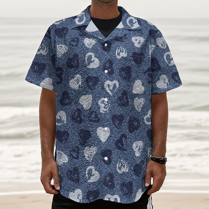 Heart Denim Jeans Pattern Print Textured Short Sleeve Shirt