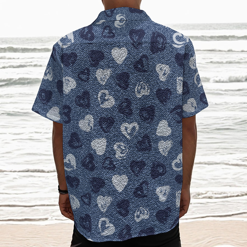 Heart Denim Jeans Pattern Print Textured Short Sleeve Shirt