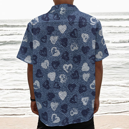 Heart Denim Jeans Pattern Print Textured Short Sleeve Shirt