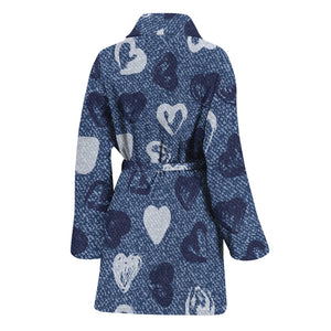 Heart Denim Jeans Pattern Print Women's Bathrobe