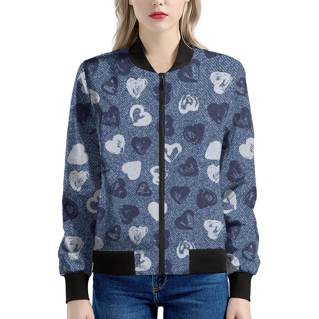 Heart Denim Jeans Pattern Print Women's Bomber Jacket