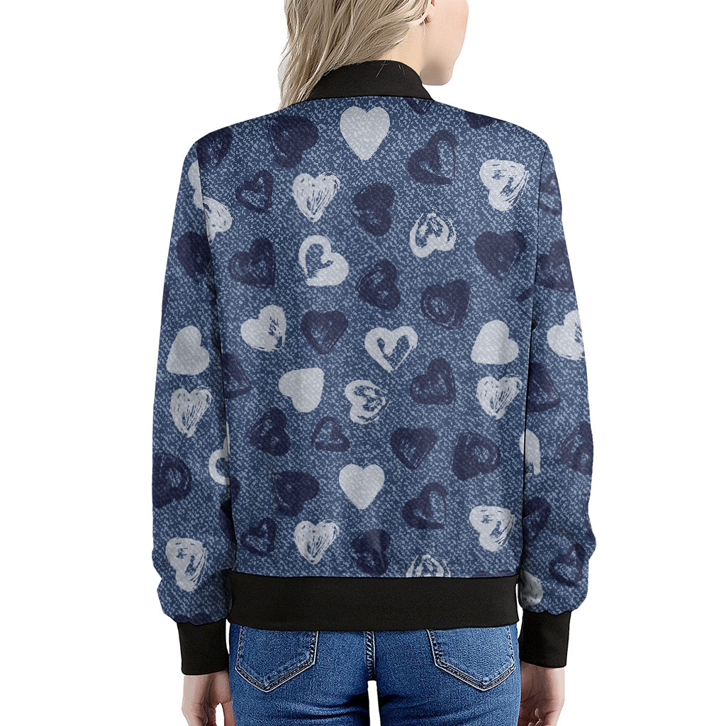 Heart Denim Jeans Pattern Print Women's Bomber Jacket