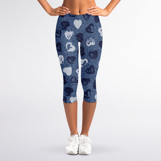 Heart Denim Jeans Pattern Print Women's Capri Leggings