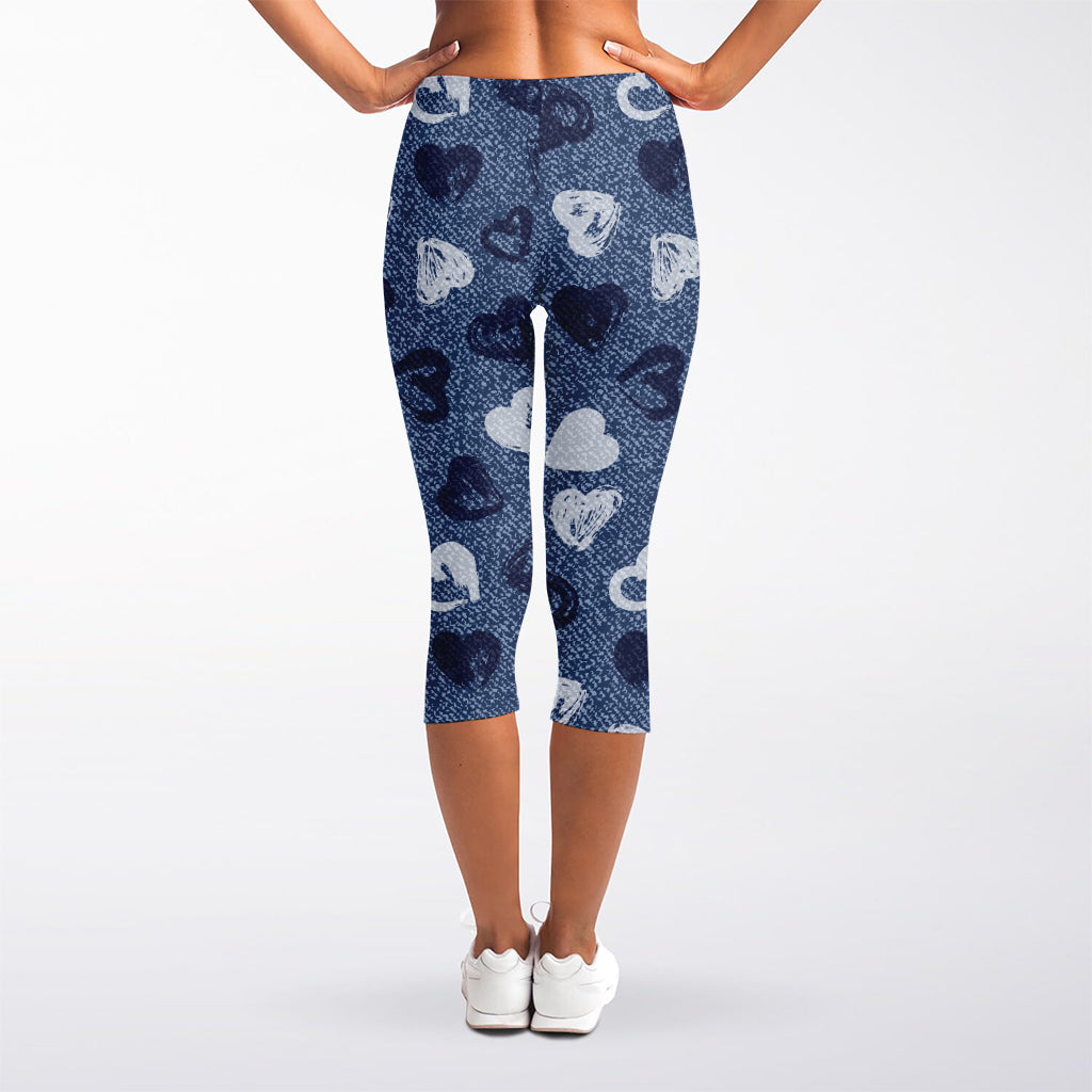 Heart Denim Jeans Pattern Print Women's Capri Leggings