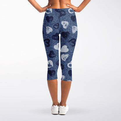 Heart Denim Jeans Pattern Print Women's Capri Leggings