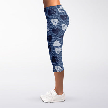 Heart Denim Jeans Pattern Print Women's Capri Leggings