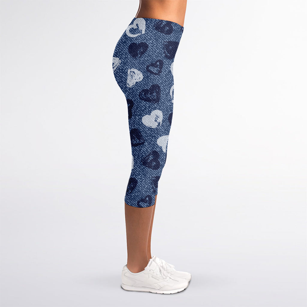 Heart Denim Jeans Pattern Print Women's Capri Leggings