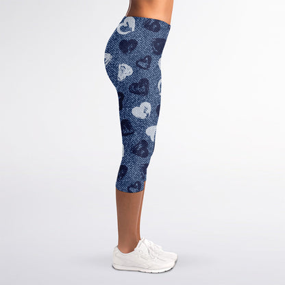 Heart Denim Jeans Pattern Print Women's Capri Leggings