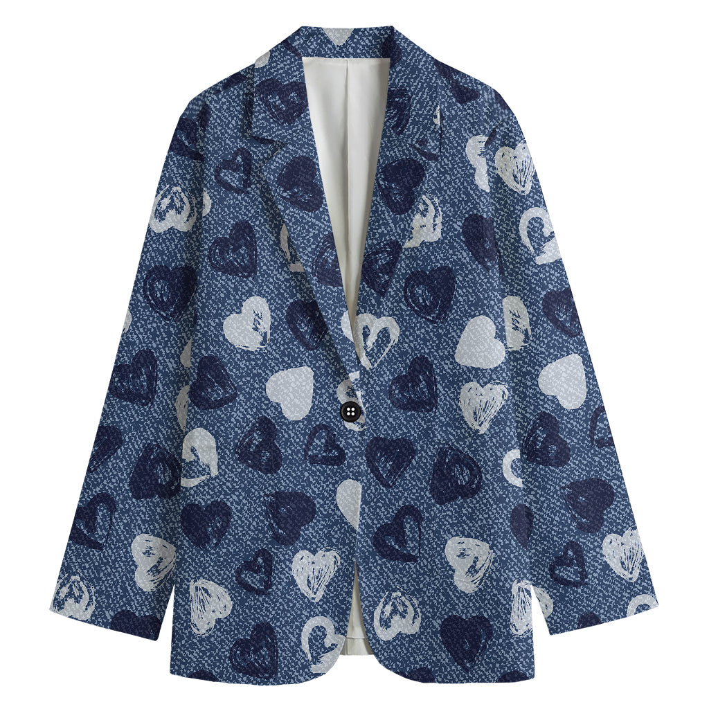 Heart Denim Jeans Pattern Print Women's Cotton Blazer