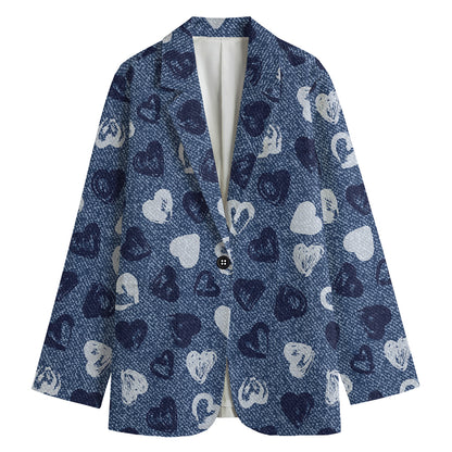 Heart Denim Jeans Pattern Print Women's Cotton Blazer