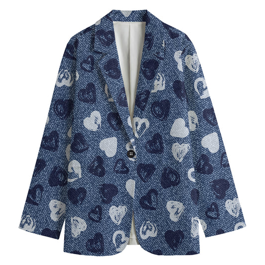 Heart Denim Jeans Pattern Print Women's Cotton Blazer