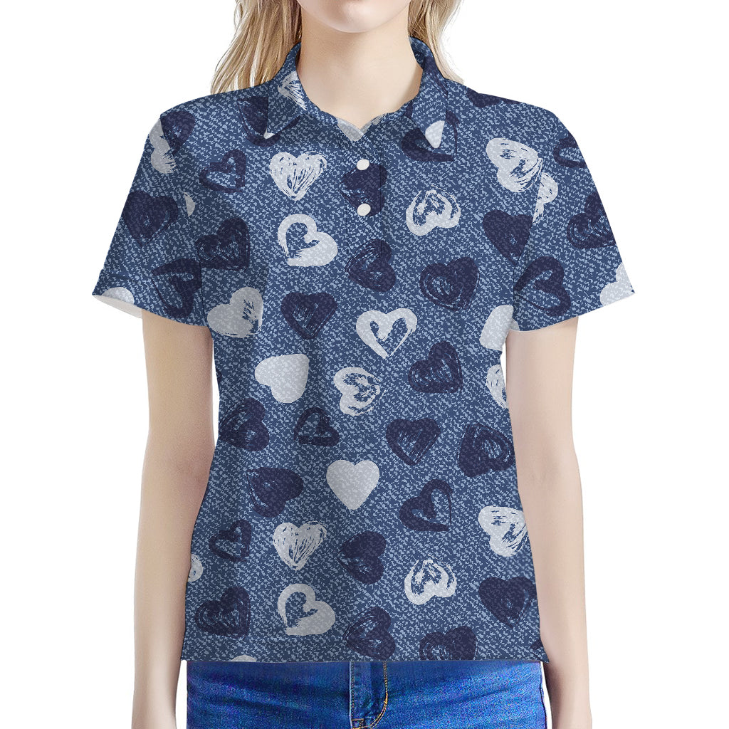 Heart Denim Jeans Pattern Print Women's Polo Shirt