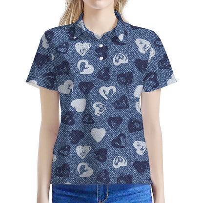 Heart Denim Jeans Pattern Print Women's Polo Shirt