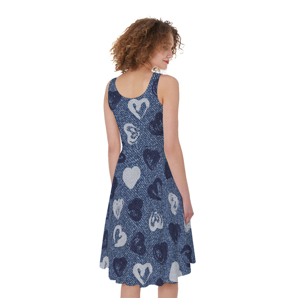 Heart Denim Jeans Pattern Print Women's Sleeveless Dress