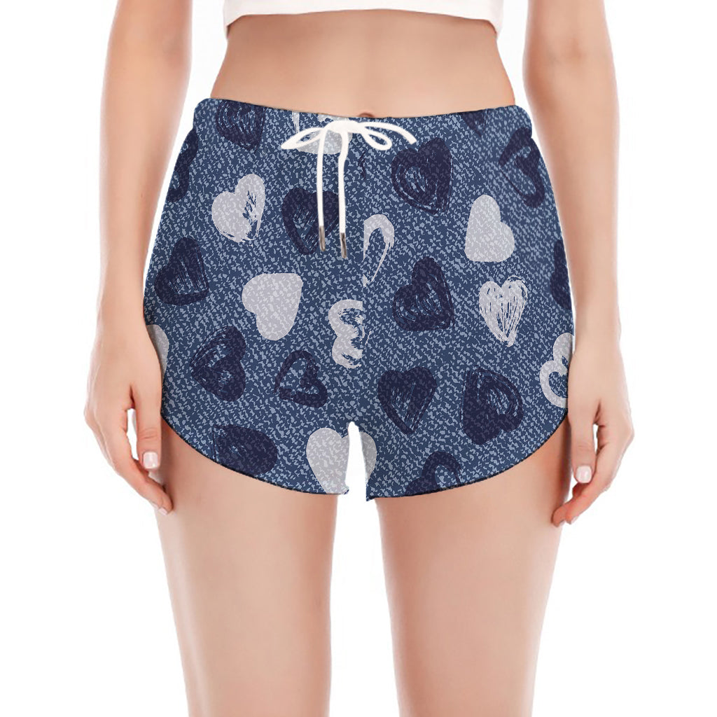 Heart Denim Jeans Pattern Print Women's Split Running Shorts