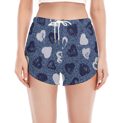 Heart Denim Jeans Pattern Print Women's Split Running Shorts
