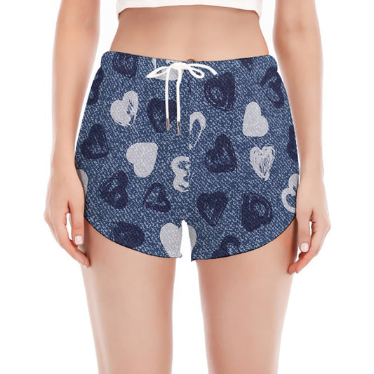 Heart Denim Jeans Pattern Print Women's Split Running Shorts