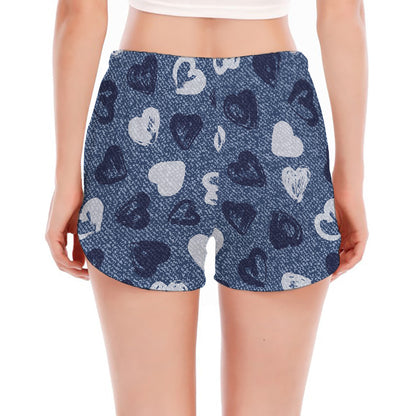 Heart Denim Jeans Pattern Print Women's Split Running Shorts