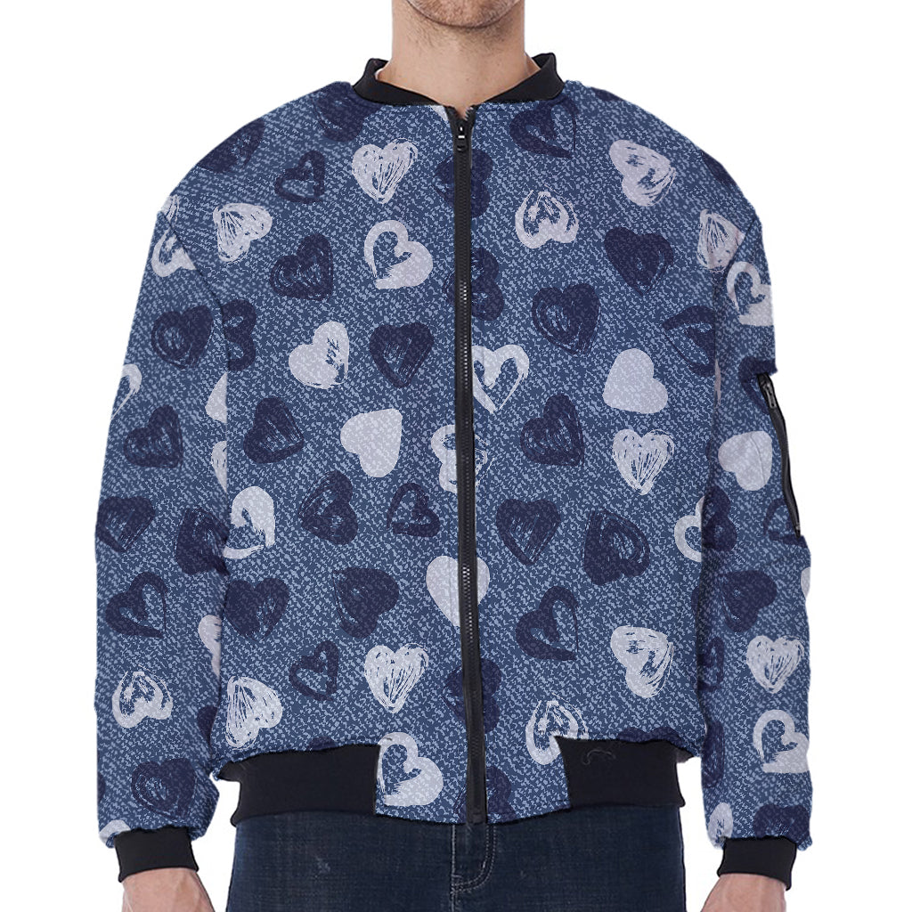 Heart Denim Jeans Pattern Print Zip Sleeve Bomber Jacket