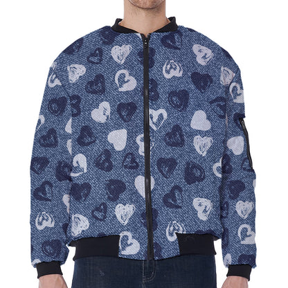 Heart Denim Jeans Pattern Print Zip Sleeve Bomber Jacket