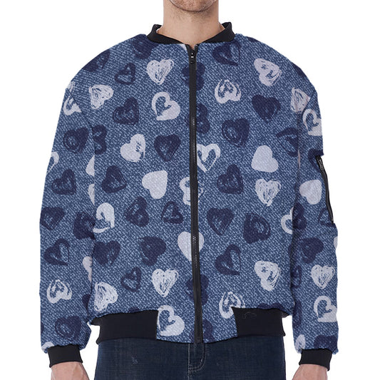 Heart Denim Jeans Pattern Print Zip Sleeve Bomber Jacket