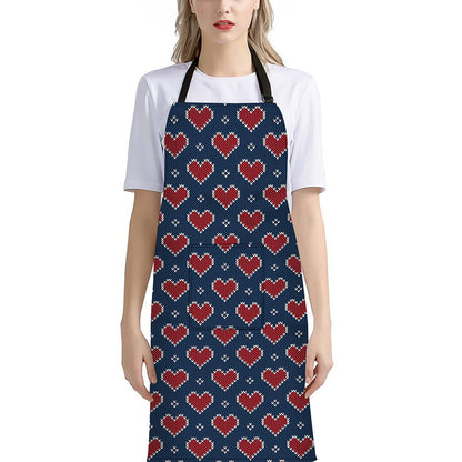 Heart Knitted Pattern Print Bib Apron With Pocket