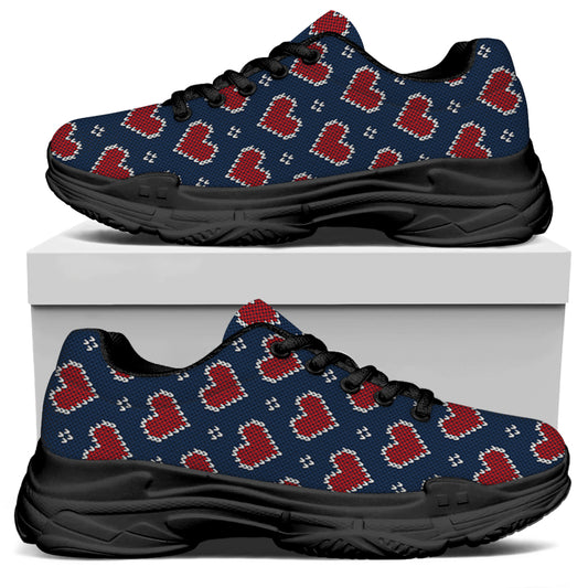 Heart Knitted Pattern Print Black Chunky Shoes