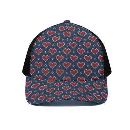 Heart Knitted Pattern Print Black Mesh Trucker Cap
