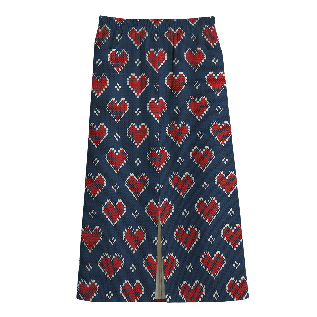 Heart Knitted Pattern Print Cotton Front Slit Maxi Skirt
