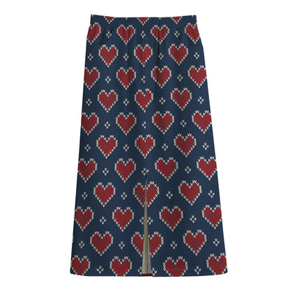 Heart Knitted Pattern Print Cotton Front Slit Maxi Skirt