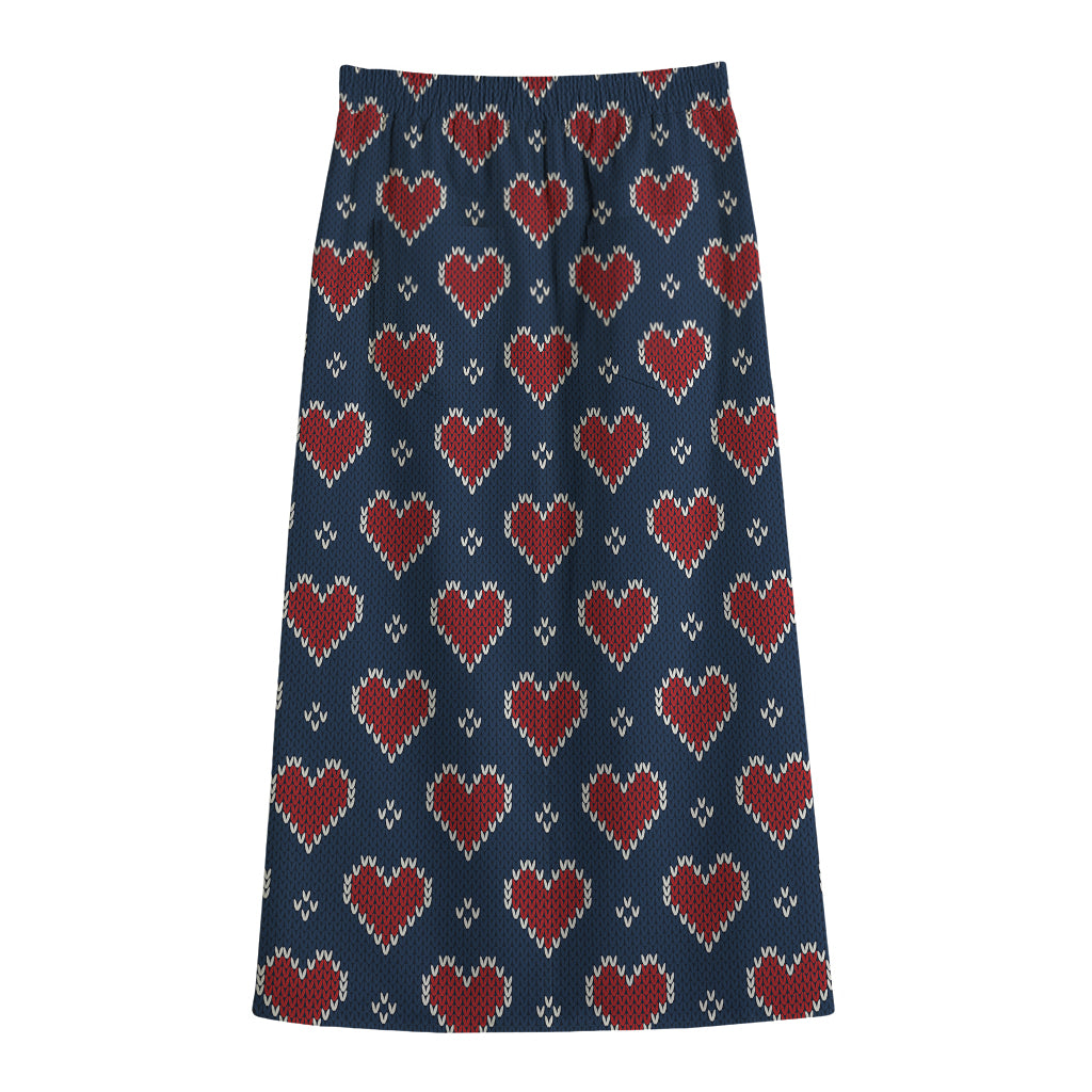 Heart Knitted Pattern Print Cotton Front Slit Maxi Skirt