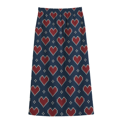 Heart Knitted Pattern Print Cotton Front Slit Maxi Skirt