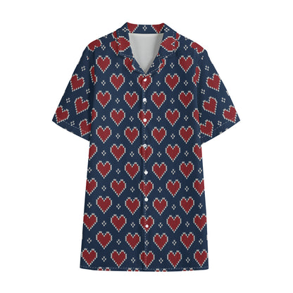 Heart Knitted Pattern Print Cotton Hawaiian Shirt