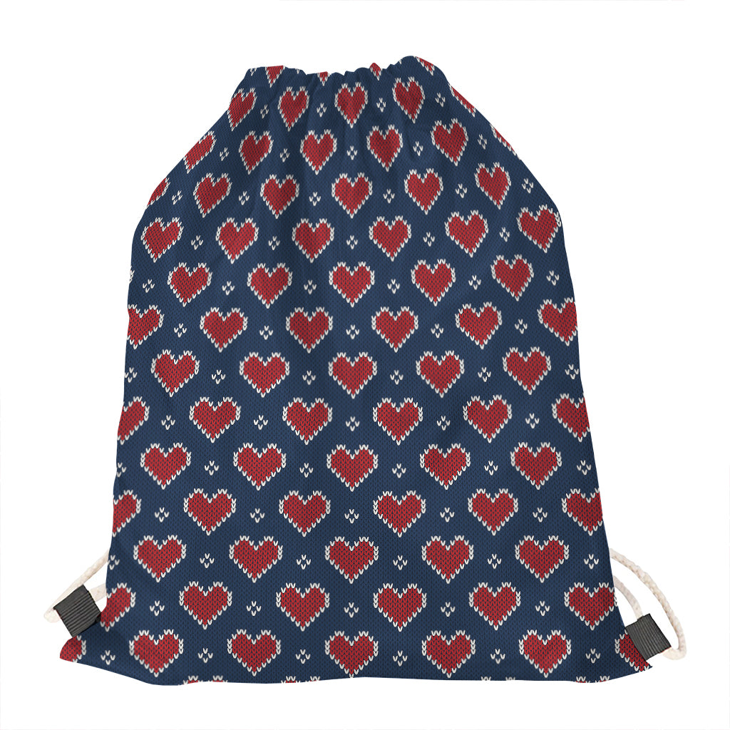 Heart Knitted Pattern Print Drawstring Bag