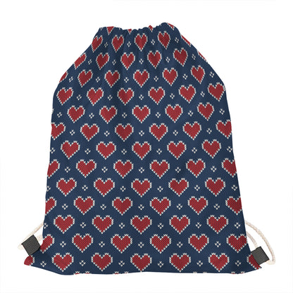 Heart Knitted Pattern Print Drawstring Bag