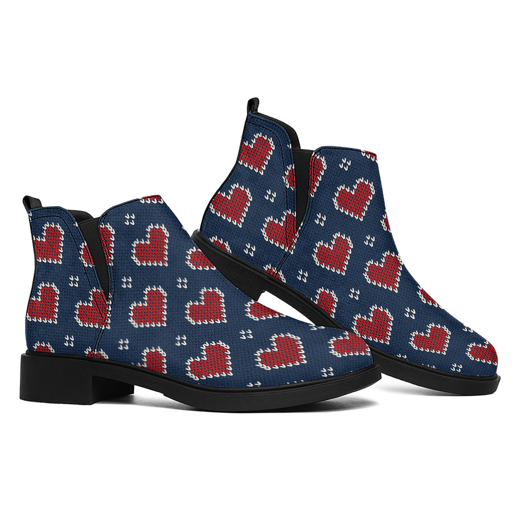 Heart Knitted Pattern Print Flat Ankle Boots