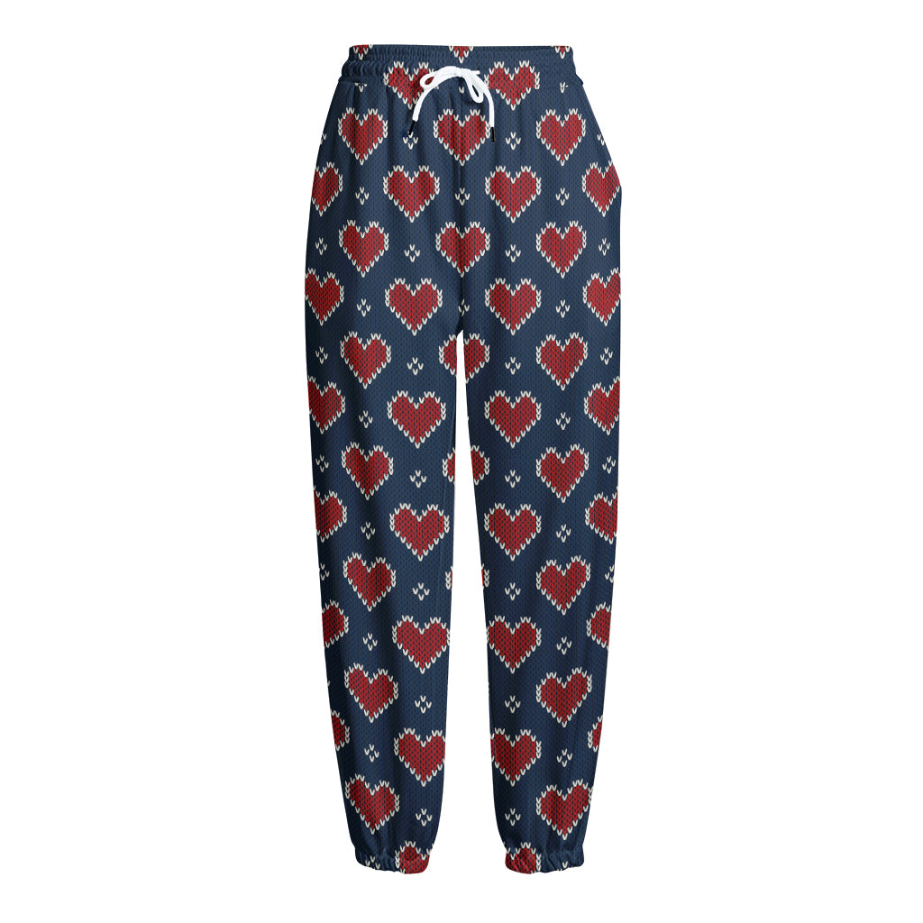 Heart Knitted Pattern Print Fleece Lined Knit Pants