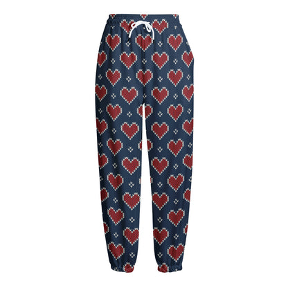 Heart Knitted Pattern Print Fleece Lined Knit Pants