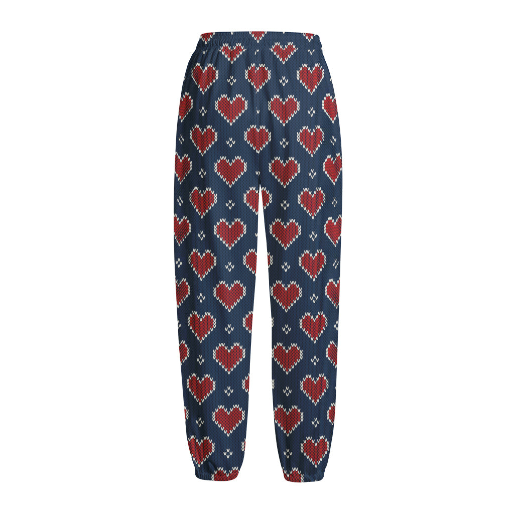 Heart Knitted Pattern Print Fleece Lined Knit Pants