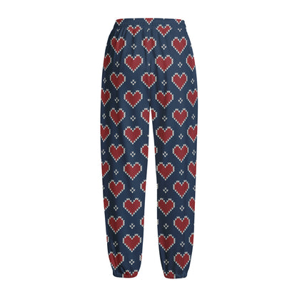 Heart Knitted Pattern Print Fleece Lined Knit Pants