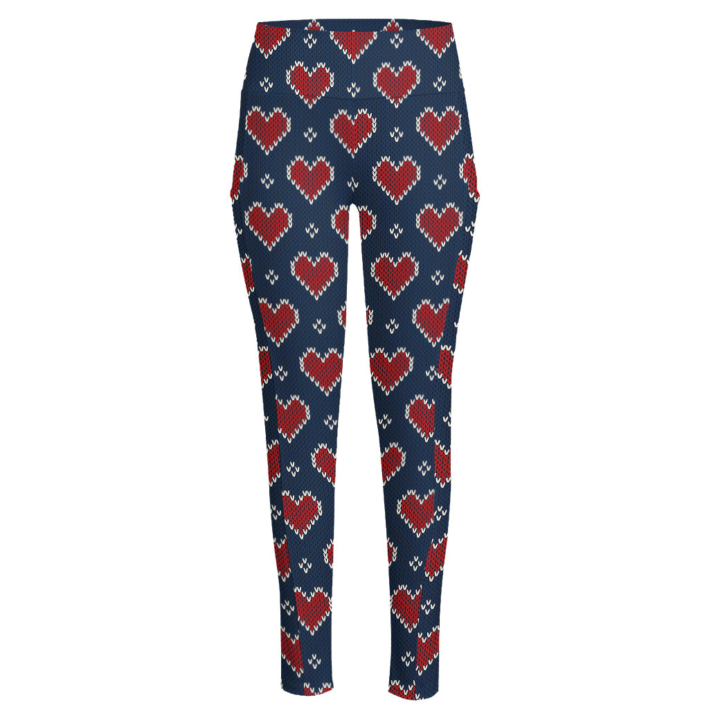 Heart Knitted Pattern Print High-Waisted Pocket Leggings