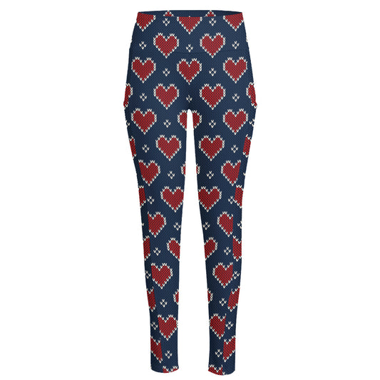 Heart Knitted Pattern Print High-Waisted Pocket Leggings